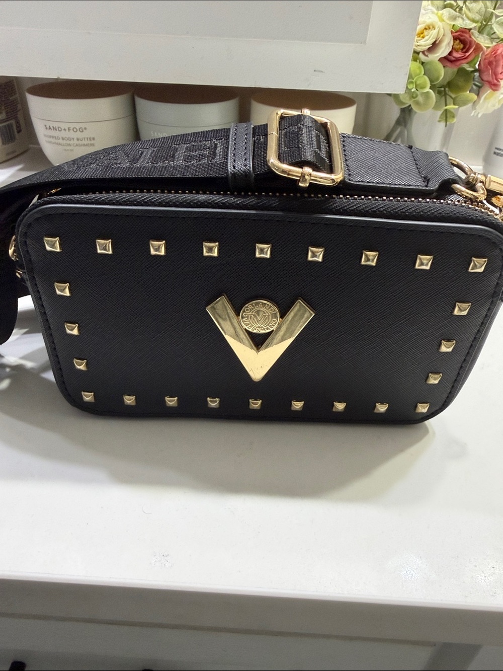 Valentino Orlandi Black Studded Crossbody Bag Black with Gold Hardware